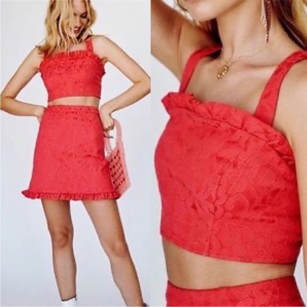 Free People Fiona Jacquard Lace Ruffled Smocked Crop Corset Top Pink 4 - Picture 3 of 14
